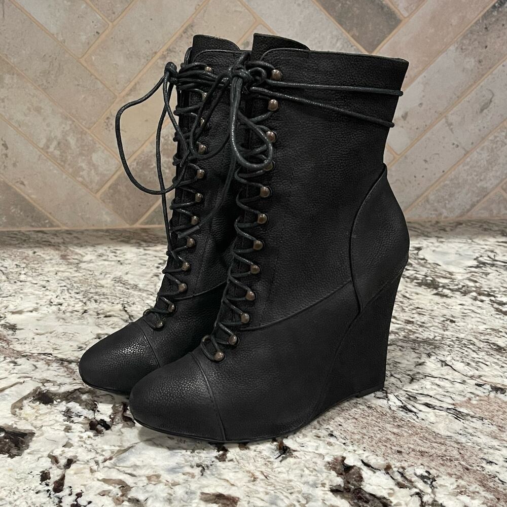 Joie Black Leather Lace Up Wedge Ankle Boots‎ Side Zip Almond Toe Size 37 - Picture 6 of 11